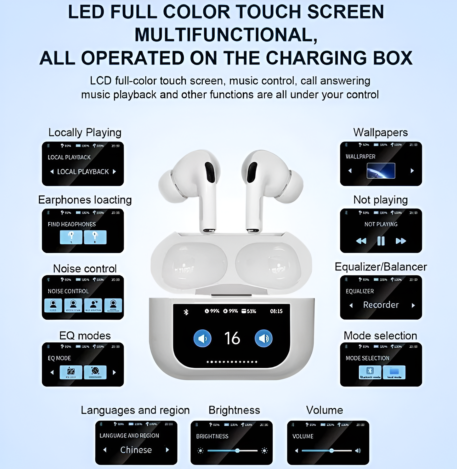 A10 Pro ANC Bluetooth Earphone LCD Screen Wireless Earbuds